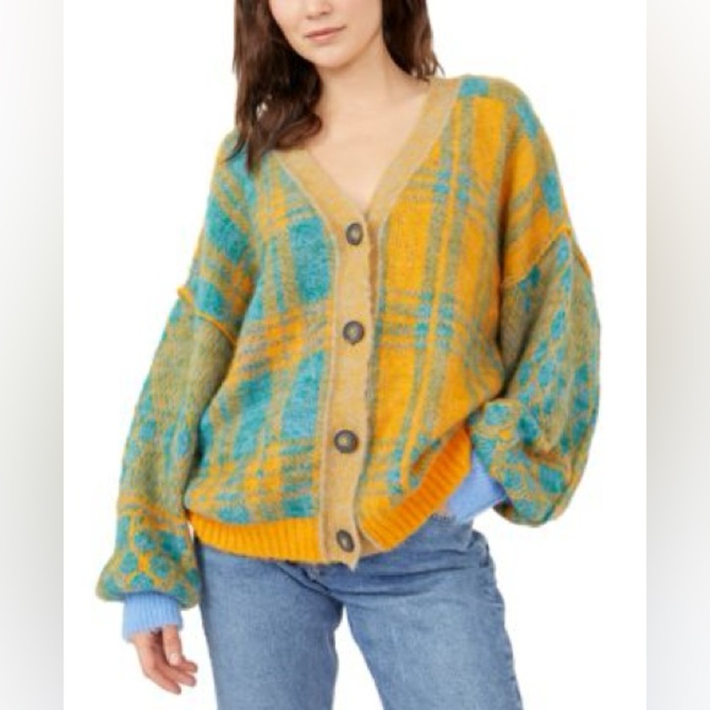 Free People Vibrant Blue and Orange Knit Cardigan